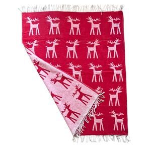 Roca Home Fringed Throw Blanket 50x67 Red White Reindeer Woven Soft Cozy Holiday